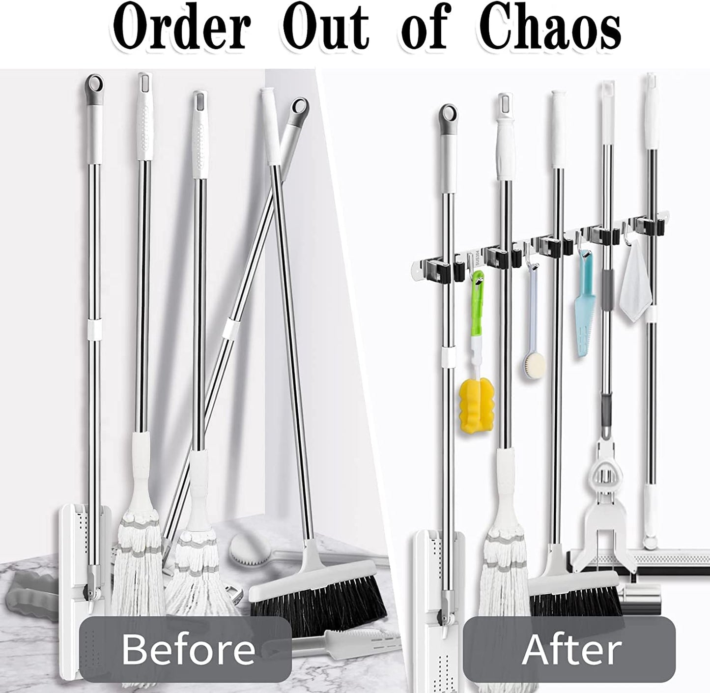 Broom and Mop Holder - Wall Mounted 5 Holders + 4 Hooks with Nails Installation, Stainless Steel, Self Adhesive, Heavy Duty Gripper
