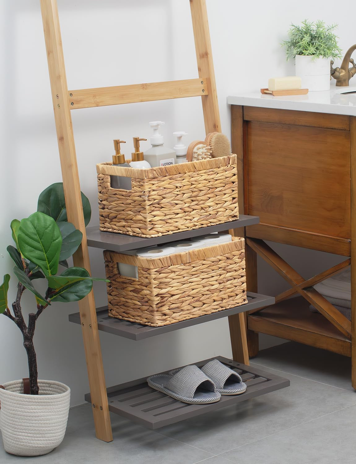 Wicker Storage Baskets for Shelves, Shelf Basket with Handles, Woven Bathroom Organizer, Natural Water Hyacinth, 2-Pack