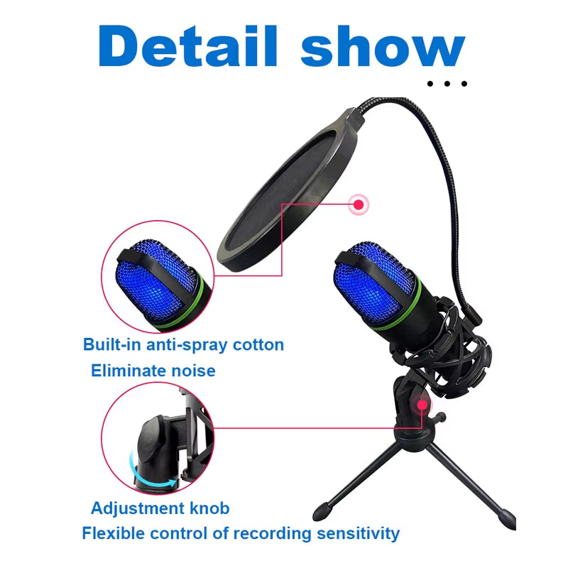 AUX 3.5MM Condenser Microphones for PC Computer Laptop Video Singing Gaming Recording Professional USB RGB Anti-Spray Microfon