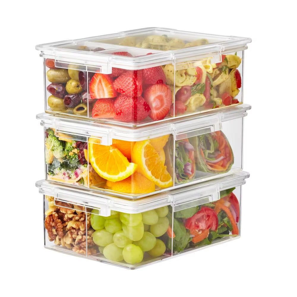 Airtight Bento Box Clear Food Storage Containers Set of 3 with Dividers Microwave Dishwasher Freezer Safe Meal Prep Organizer