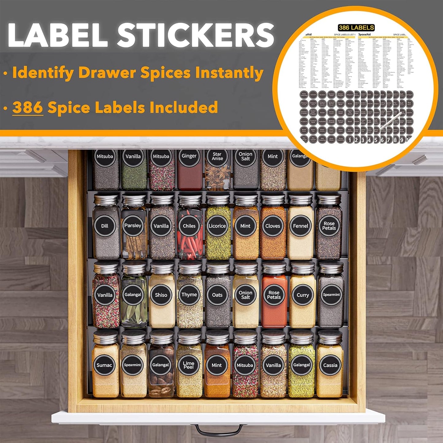 Spice Drawer Organizer with 36 Spice Jars, 386 Spice Labels, 4 Tier Seasoning Rack Tray Insert for Kitchen Drawers, 16.75" Wide X 17.5" Deep