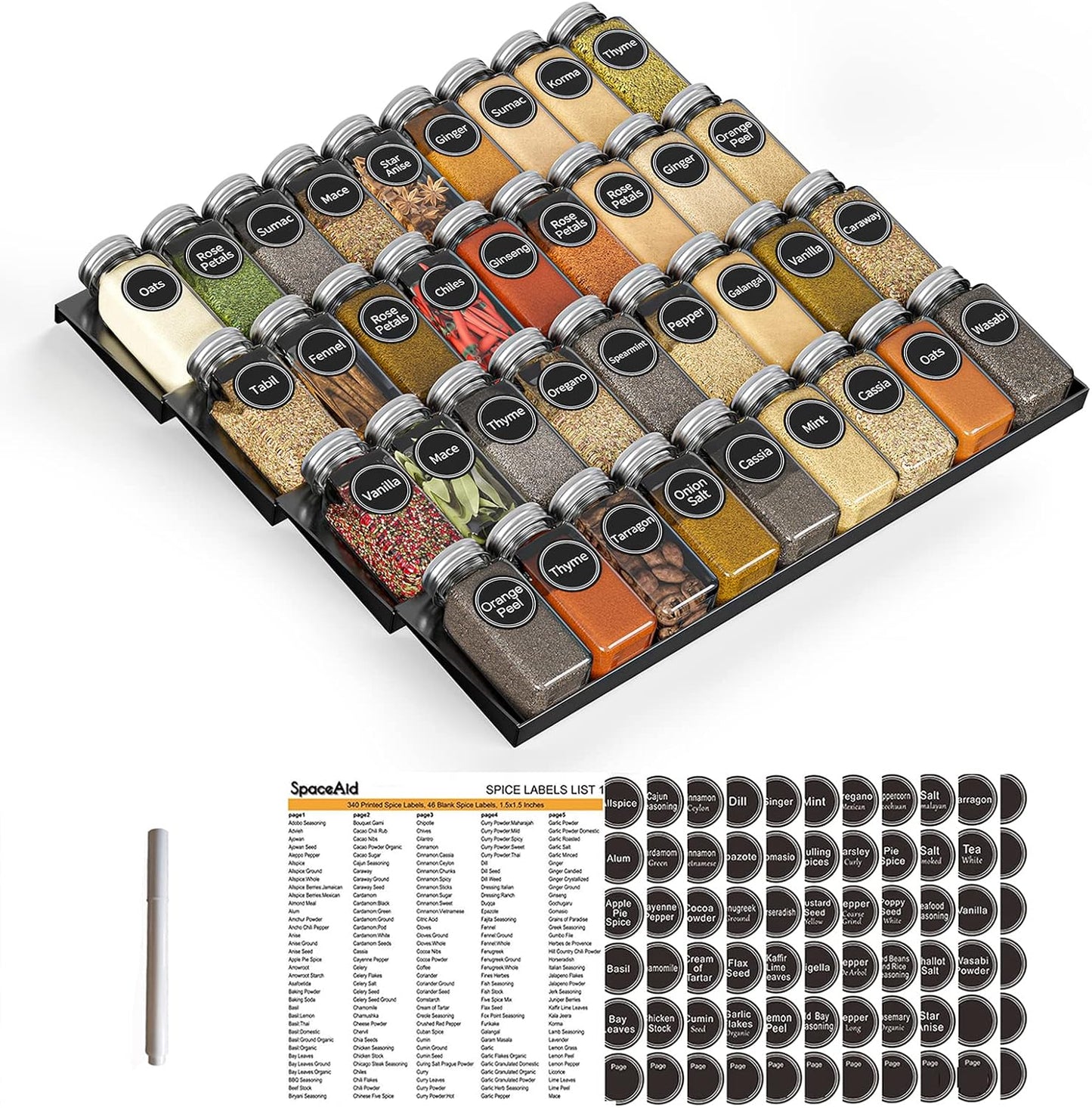 Spice Drawer Organizer with 36 Spice Jars, 386 Spice Labels, 4 Tier Seasoning Rack Tray Insert for Kitchen Drawers, 16.75" Wide X 17.5" Deep