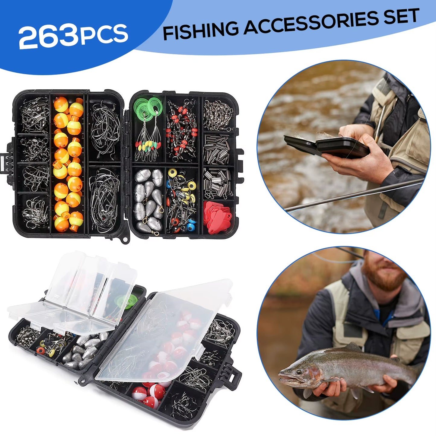 263Pcs Fishing Accessories Set with Tackle Box Including Plier Jig Hooks Sinker Weight Swivels Snaps Sinker Slides