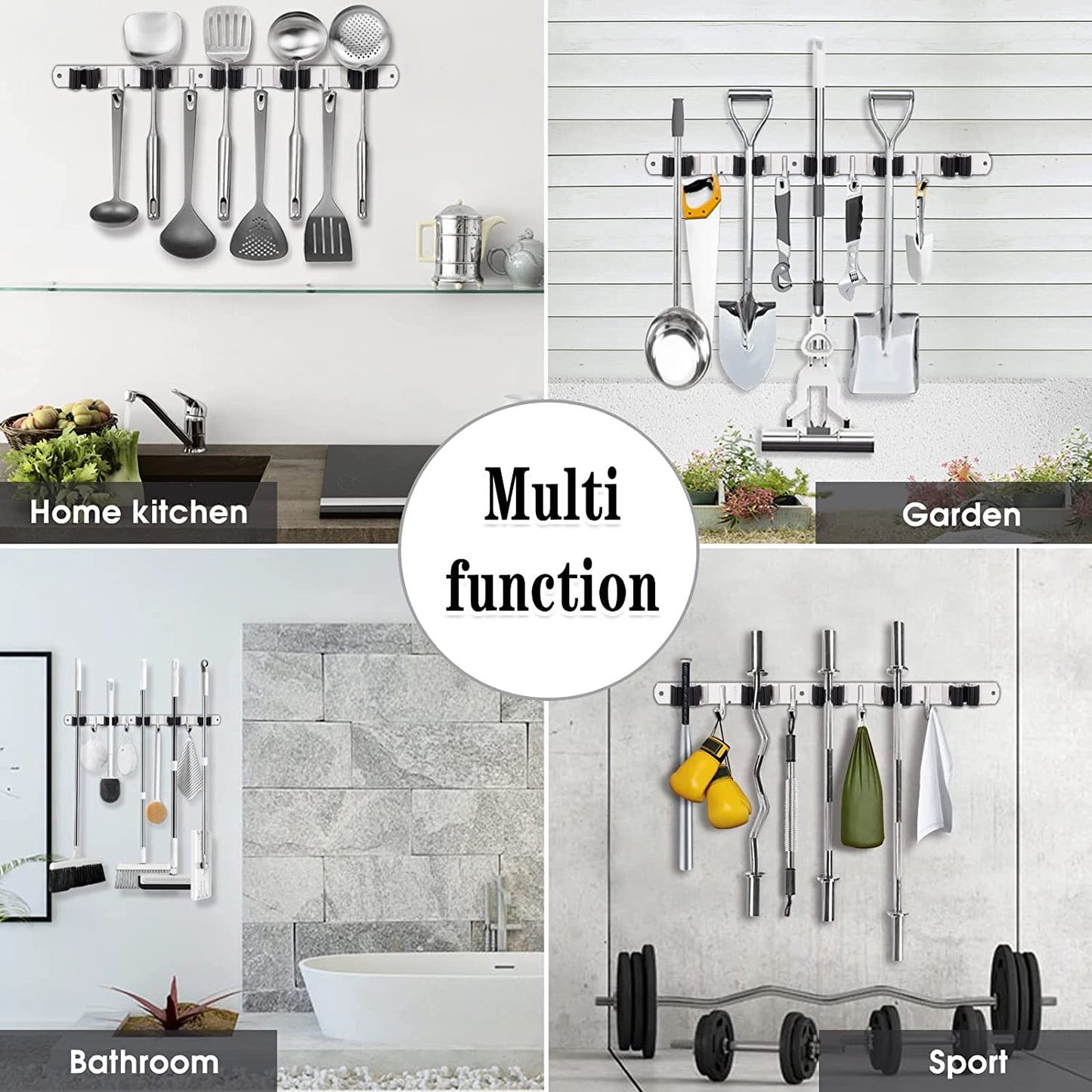 Broom and Mop Holder - Wall Mounted 5 Holders + 4 Hooks with Nails Installation, Stainless Steel, Self Adhesive, Heavy Duty Gripper