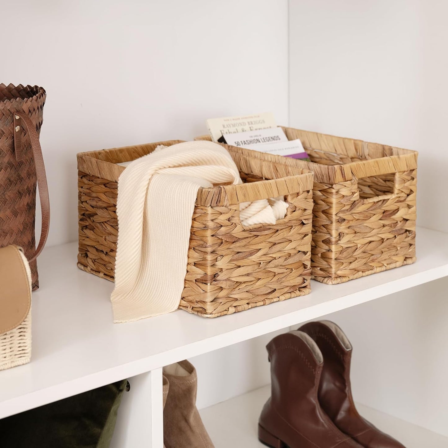 Wicker Storage Baskets for Shelves, Shelf Basket with Handles, Woven Bathroom Organizer, Natural Water Hyacinth, 2-Pack