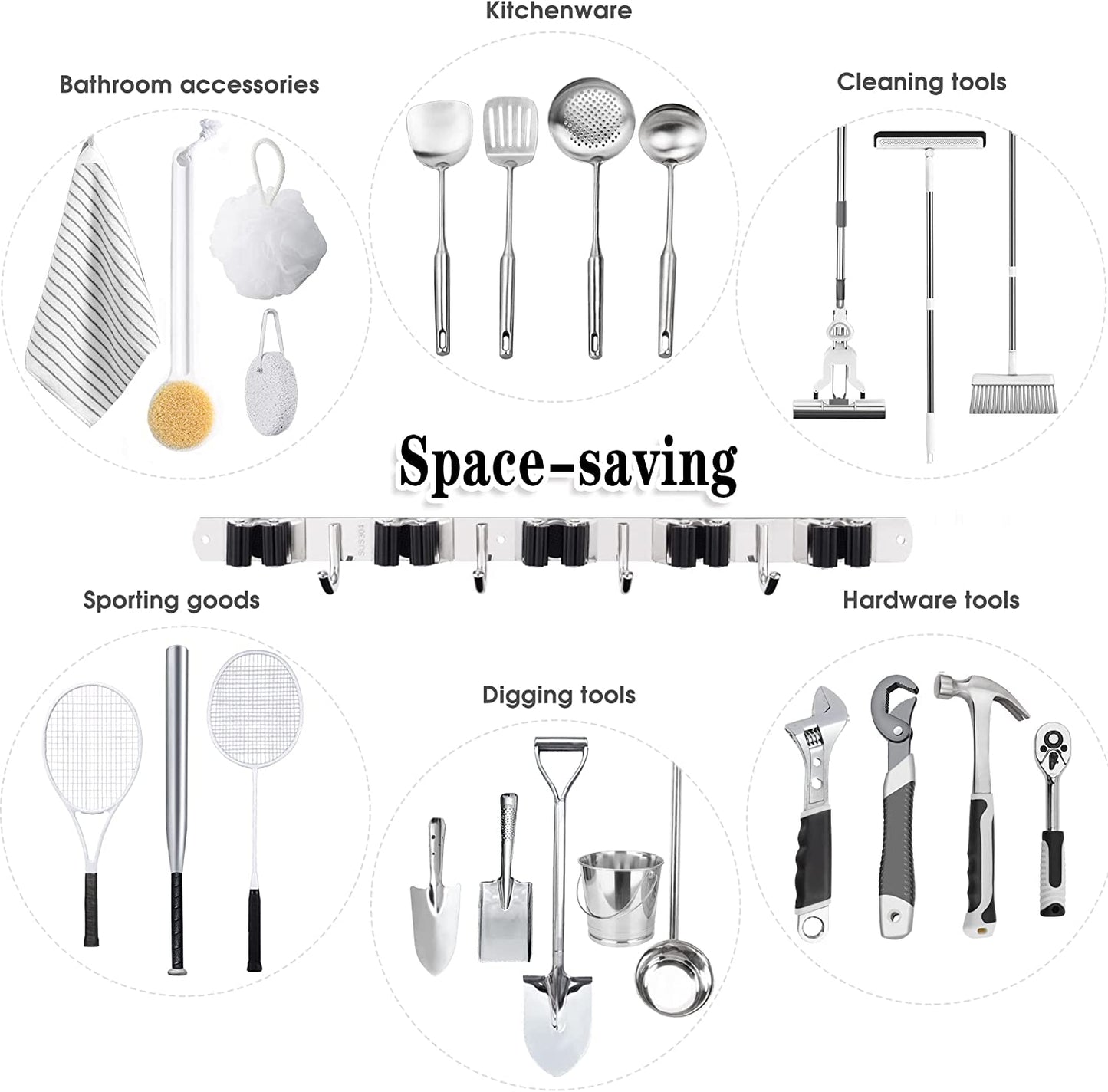 Broom and Mop Holder - Wall Mounted 5 Holders + 4 Hooks with Nails Installation, Stainless Steel, Self Adhesive, Heavy Duty Gripper