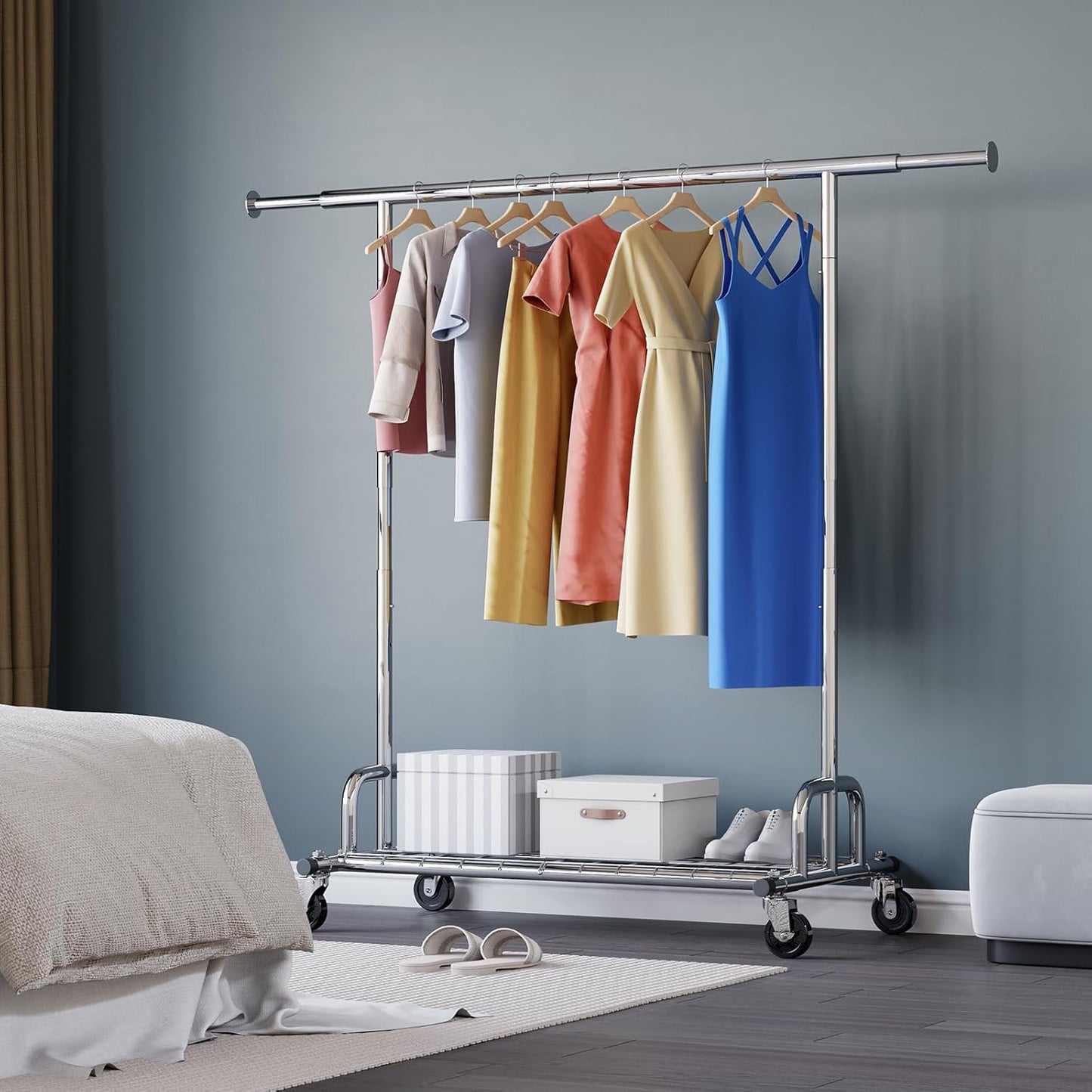 Extendable Heavy-Duty Clothes Rail with Shelf, Industrial Grade Locking Wheels, 200Kg Capacity Professional Folding Coat Rail