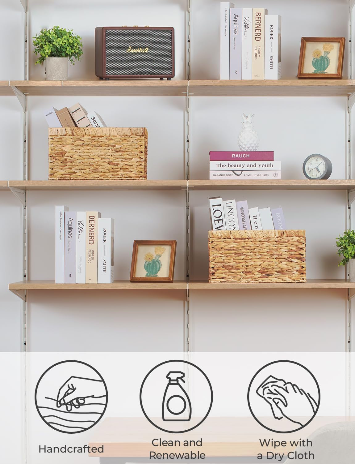 Wicker Storage Baskets for Shelves, Shelf Basket with Handles, Woven Bathroom Organizer, Natural Water Hyacinth, 2-Pack