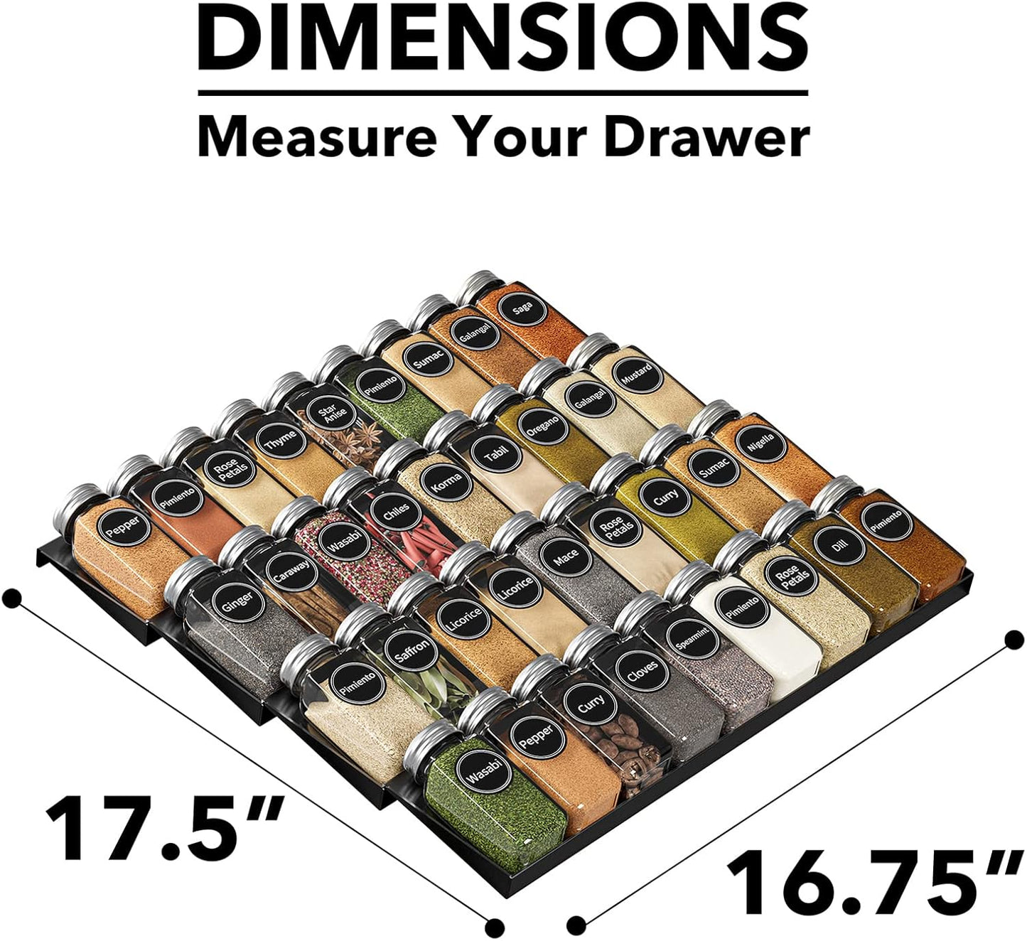 Spice Drawer Organizer with 36 Spice Jars, 386 Spice Labels, 4 Tier Seasoning Rack Tray Insert for Kitchen Drawers, 16.75" Wide X 17.5" Deep