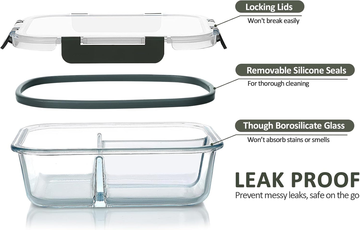 Glass Food Storage Containers Airtight Lid Clips, Baking, Storing and Freezing Food | Microwave, Freezer | BPA Free, 1050 Ml, Pack of 5, Glass
