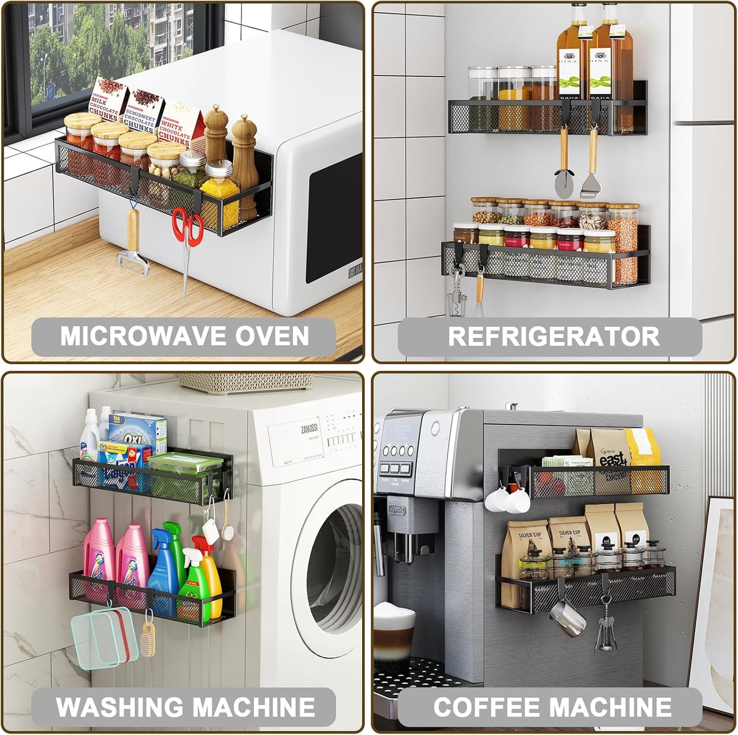 Magnetic Spice Rack for Refrigerator, 2 Pack Magnetic Shelf, Fridge Magnet Organizer with Moveable 4 Hooks, Magnet Fridge Shelf for Kitchen Organization and Storage (2 Pack)