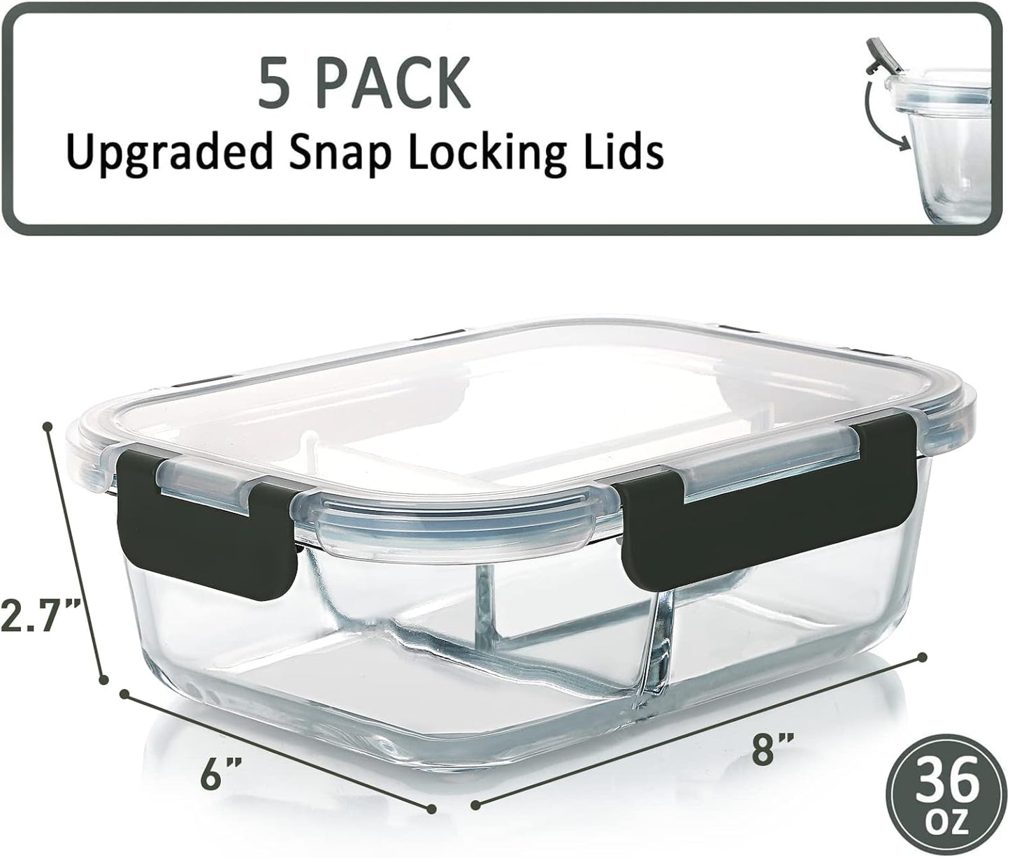 Glass Food Storage Containers Airtight Lid Clips, Baking, Storing and Freezing Food | Microwave, Freezer | BPA Free, 1050 Ml, Pack of 5, Glass