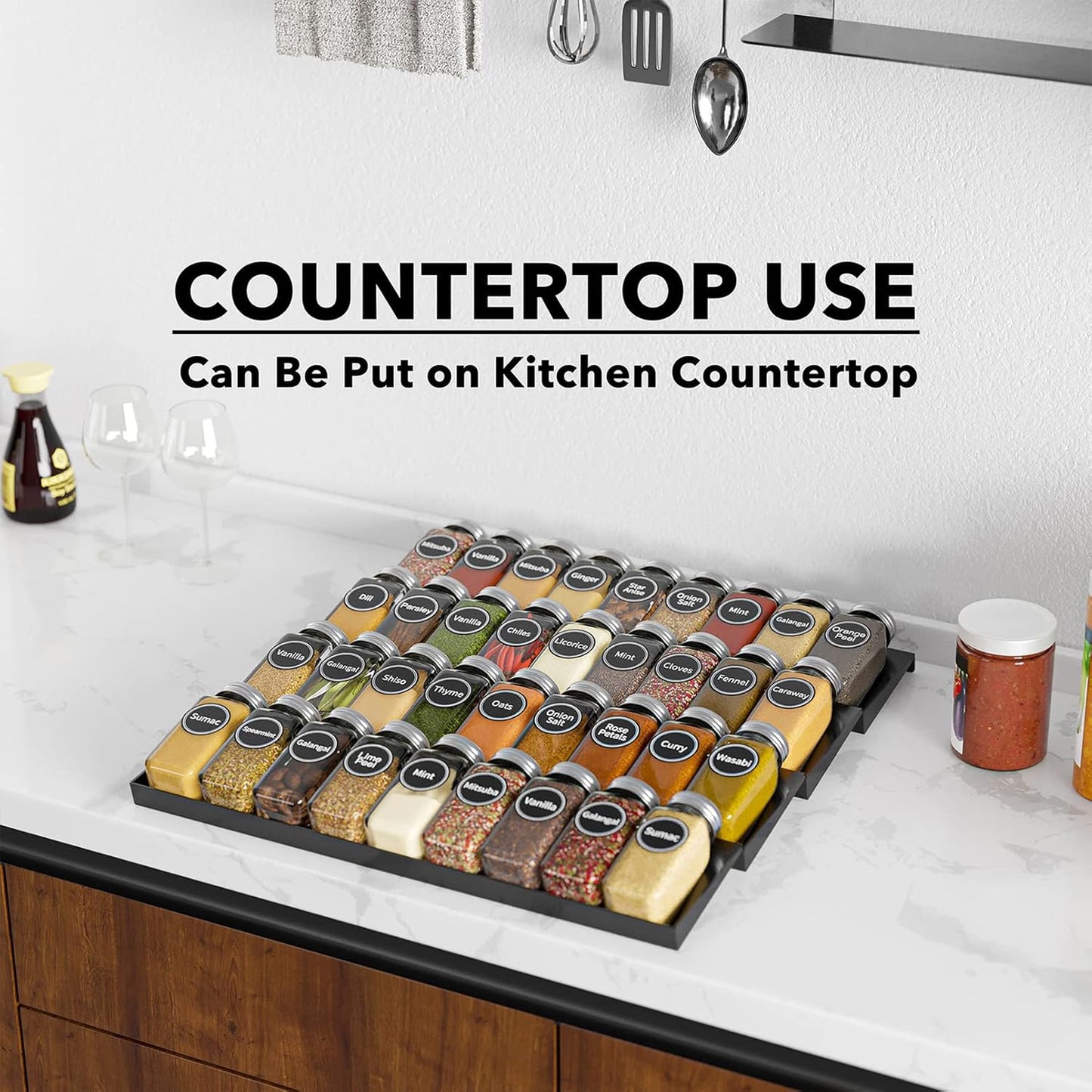 Spice Drawer Organizer with 36 Spice Jars, 386 Spice Labels, 4 Tier Seasoning Rack Tray Insert for Kitchen Drawers, 16.75" Wide X 17.5" Deep