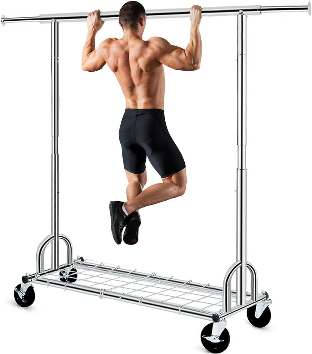 Extendable Heavy-Duty Clothes Rail with Shelf, Industrial Grade Locking Wheels, 200Kg Capacity Professional Folding Coat Rail