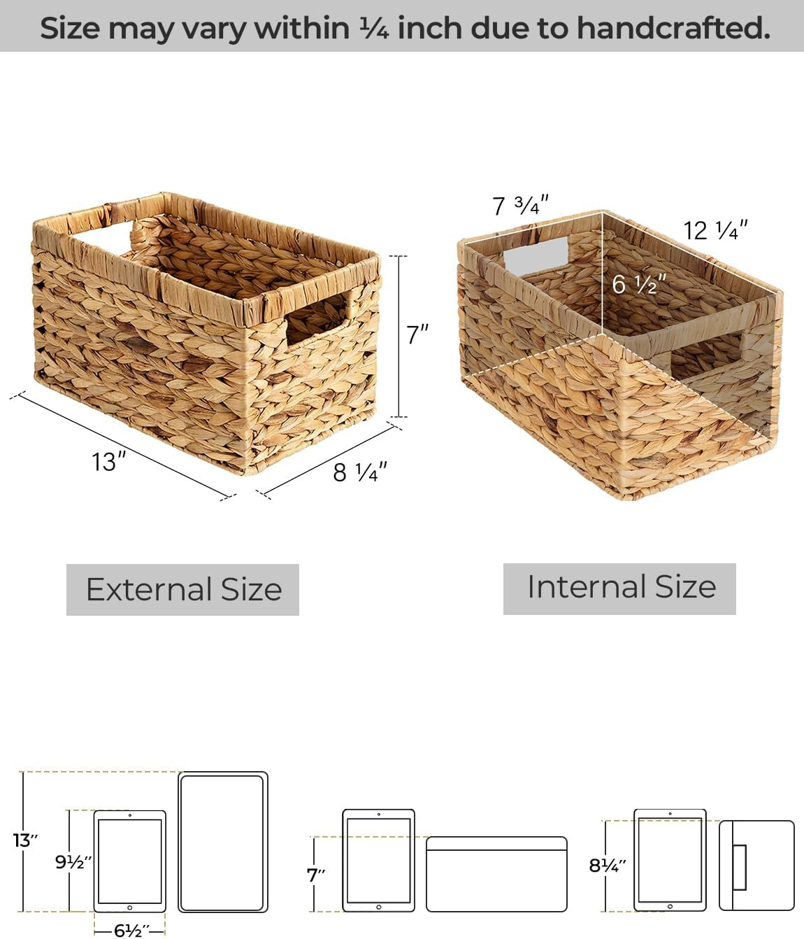 Wicker Storage Baskets for Shelves, Shelf Basket with Handles, Woven Bathroom Organizer, Natural Water Hyacinth, 2-Pack