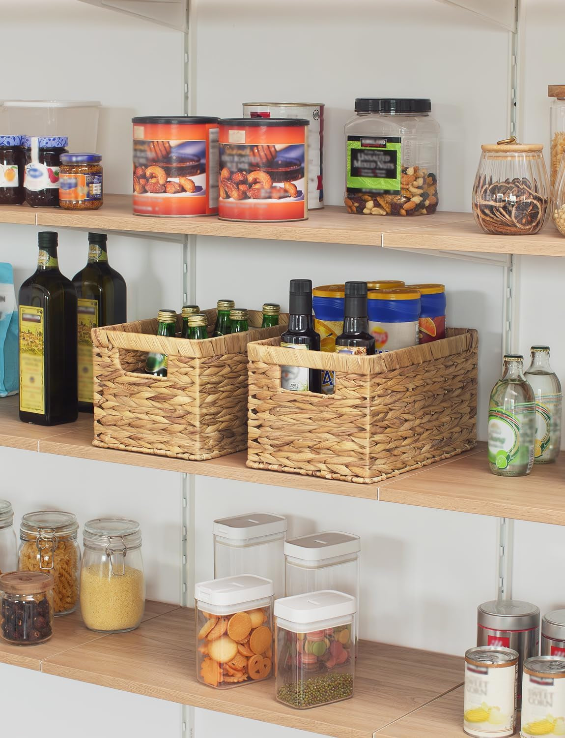 Wicker Storage Baskets for Shelves, Shelf Basket with Handles, Woven Bathroom Organizer, Natural Water Hyacinth, 2-Pack