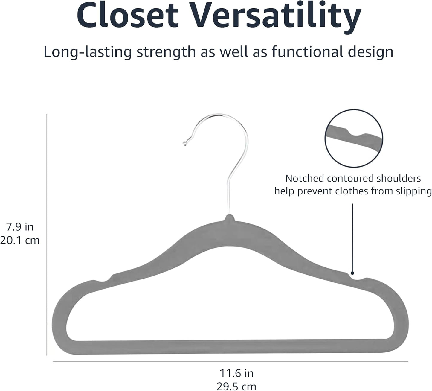 Kids Velvet, Non-Slip Clothes Hangers for Infant and Toddler, 11.6 Inches, Pack of 30, Grey