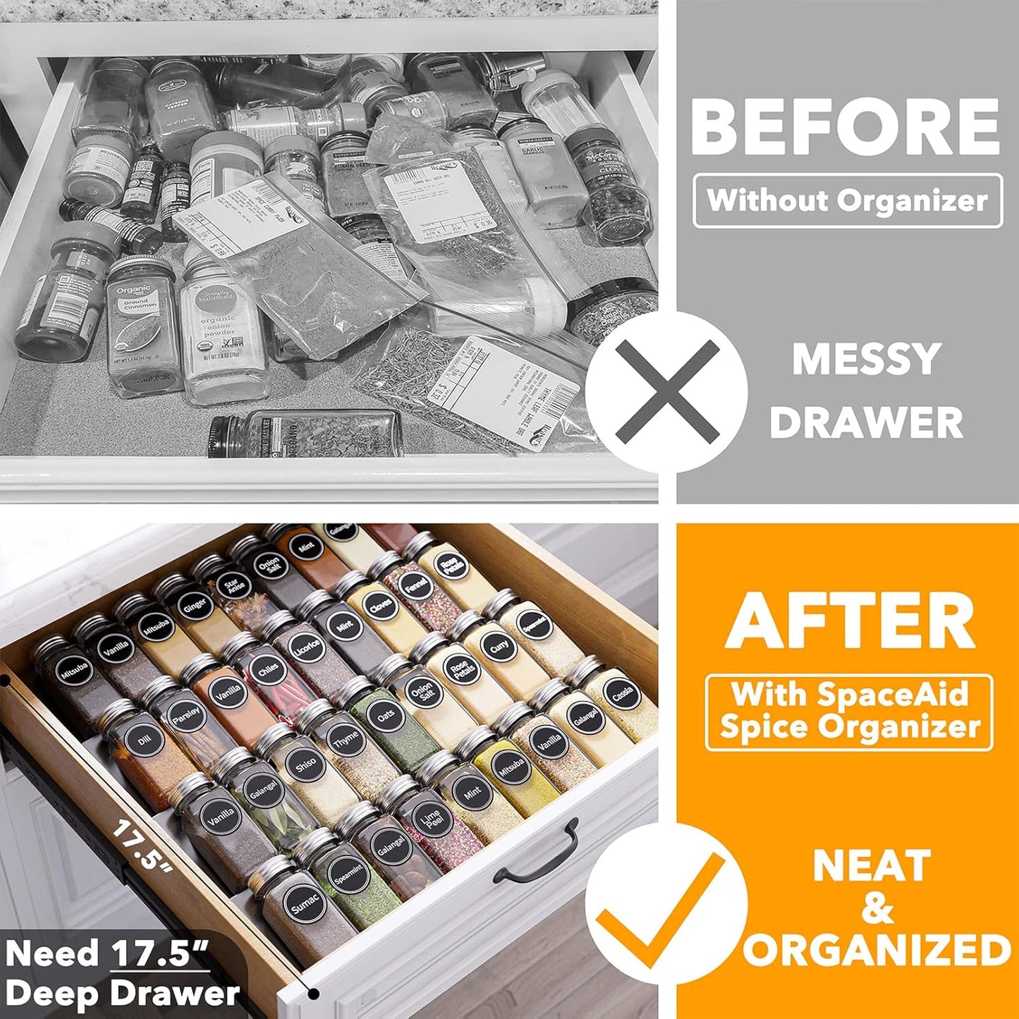 Spice Drawer Organizer with 36 Spice Jars, 386 Spice Labels, 4 Tier Seasoning Rack Tray Insert for Kitchen Drawers, 16.75" Wide X 17.5" Deep
