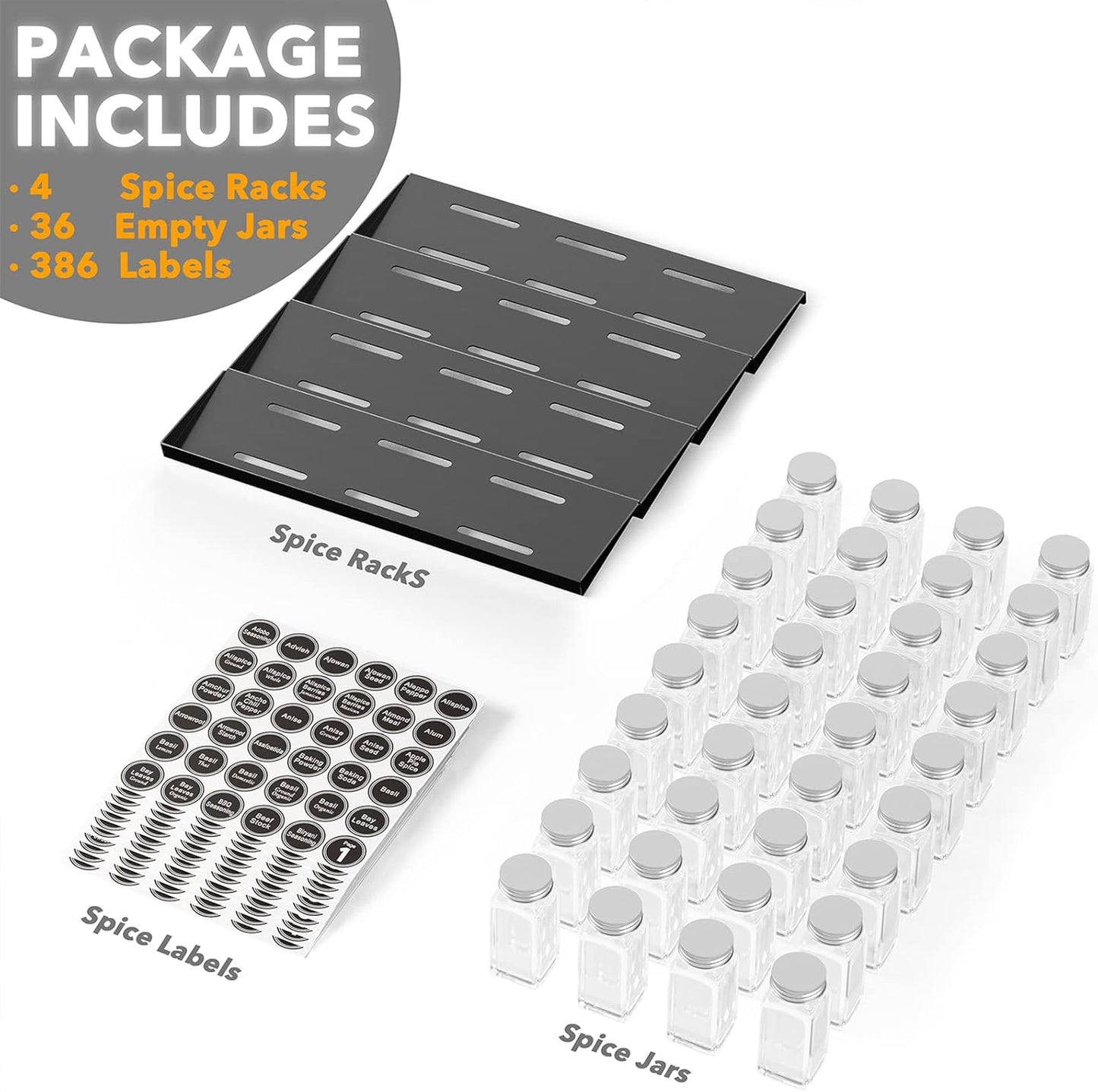 Spice Drawer Organizer with 36 Spice Jars, 386 Spice Labels, 4 Tier Seasoning Rack Tray Insert for Kitchen Drawers, 16.75" Wide X 17.5" Deep