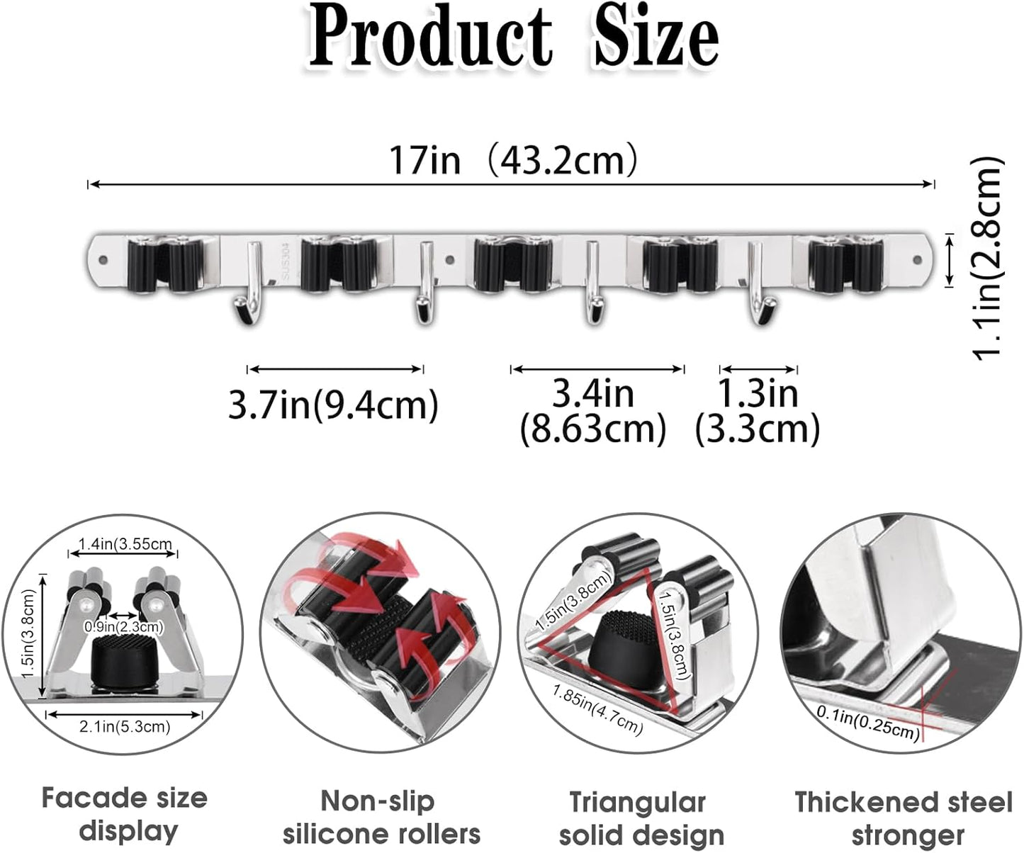 Broom and Mop Holder - Wall Mounted 5 Holders + 4 Hooks with Nails Installation, Stainless Steel, Self Adhesive, Heavy Duty Gripper