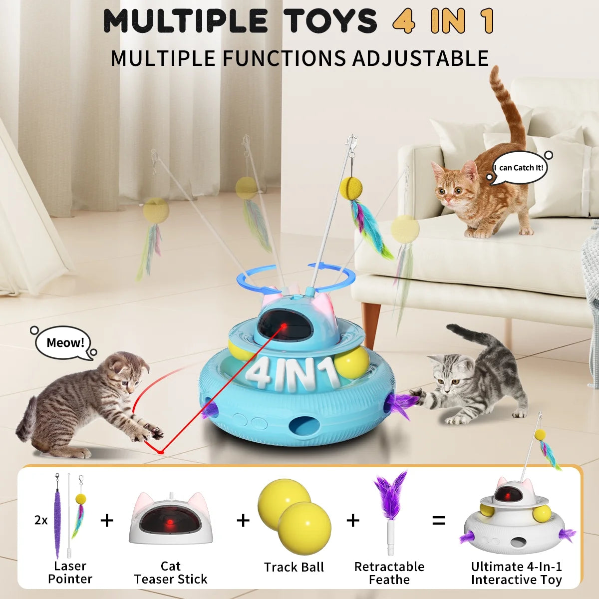 4 in 1 Interactive Cat Toys with USB Rechargeable,Smart Cat Feather Wand for Indoor Cats with Red Beam,Smart Interactive Electronic Exercise Kitten Toys,Exercise Cat Wand,Indoor Exercise Cat Kicker