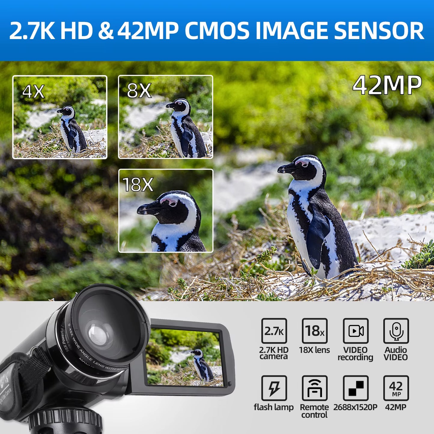 2.7K Video Camera 42MP Digital Camera Vlogging Camera for 3.0Inch Flip Screen Camcorder with Remote Control