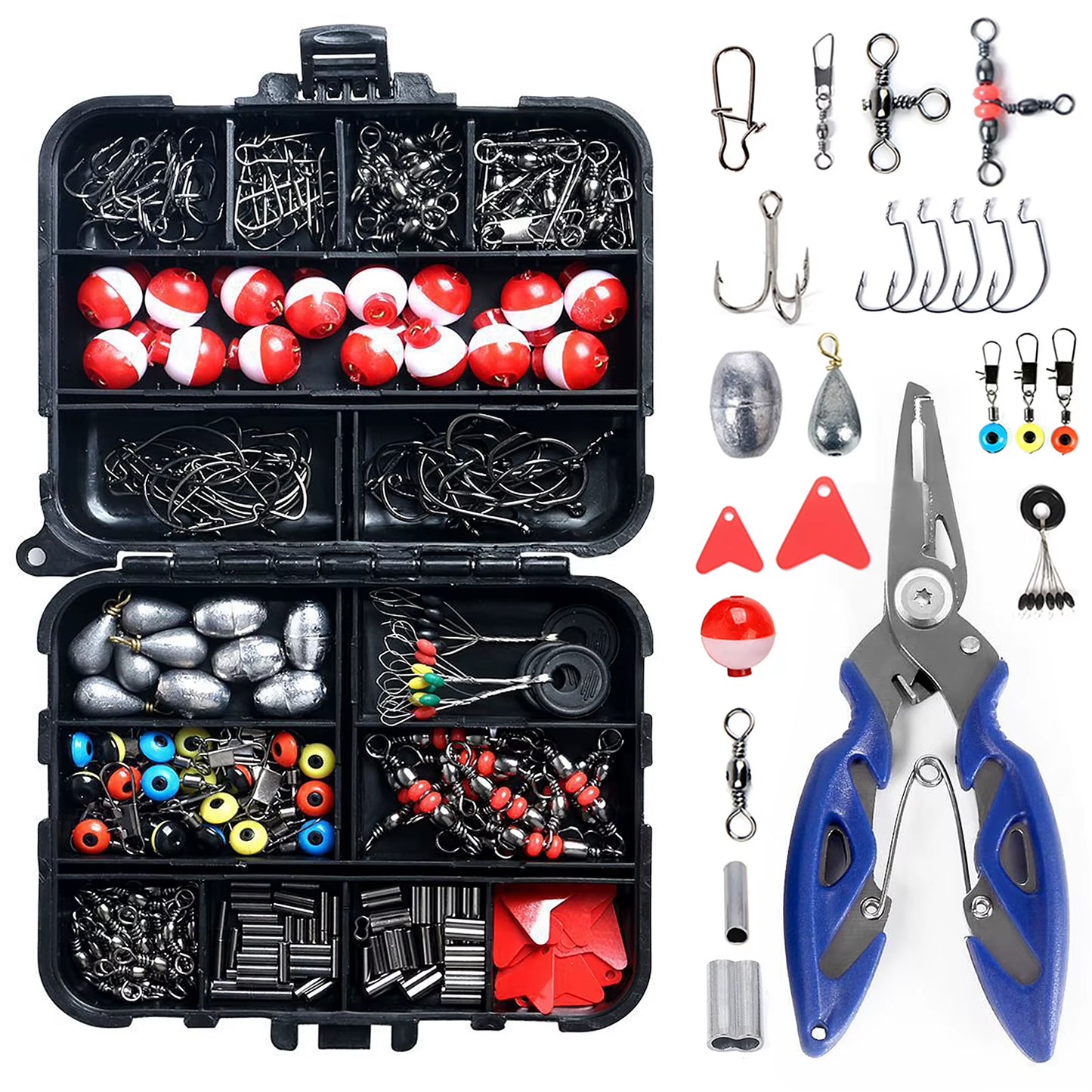 263Pcs Fishing Accessories Set with Tackle Box Including Plier Jig Hooks Sinker Weight Swivels Snaps Sinker Slides