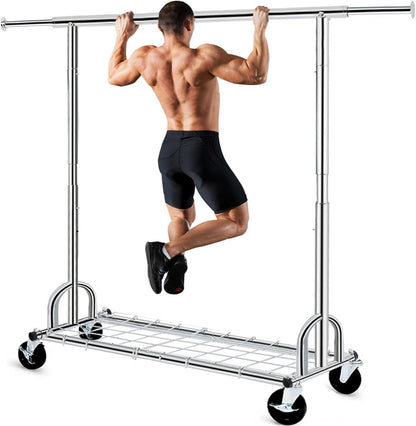 Extendable Heavy-Duty Clothes Rail with Shelf, Industrial Grade Locking Wheels, 200Kg Capacity Professional Folding Coat Rail