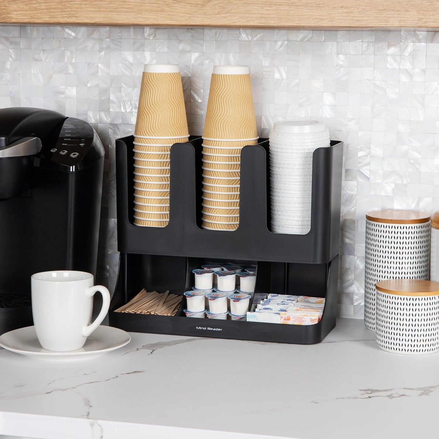 VCCUIOB Mind 6 Compartment Upright Breakroom Coffee Condiment and Cup Storage Organizer, Black