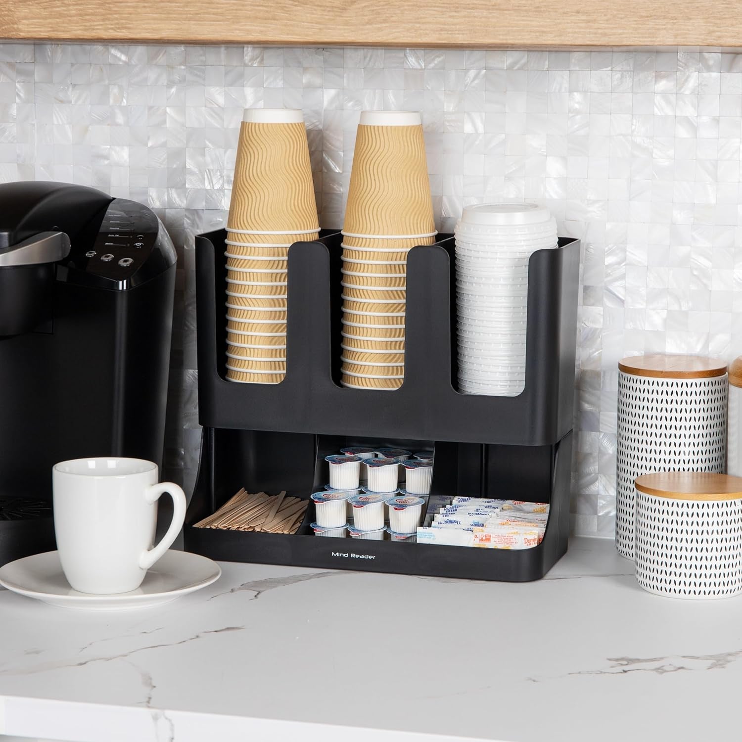 VCCUIOB Mind 6 Compartment Upright Breakroom Coffee Condiment and Cup Storage Organizer, Black