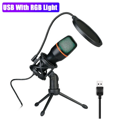 AUX 3.5MM Condenser Microphones for PC Computer Laptop Video Singing Gaming Recording Professional USB RGB Anti-Spray Microfon