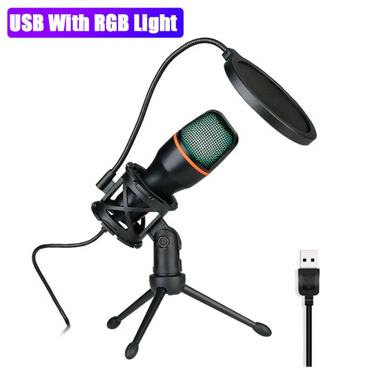 AUX 3.5MM Condenser Microphones for PC Computer Laptop Video Singing Gaming Recording Professional USB RGB Anti-Spray Microfon