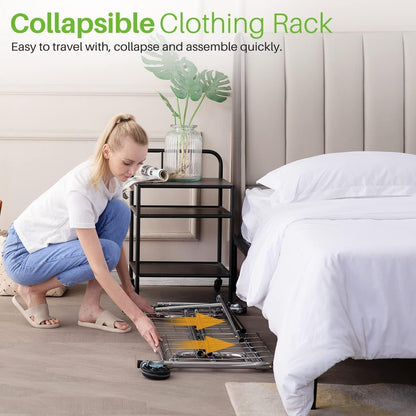 Extendable Heavy-Duty Clothes Rail with Shelf, Industrial Grade Locking Wheels, 200Kg Capacity Professional Folding Coat Rail