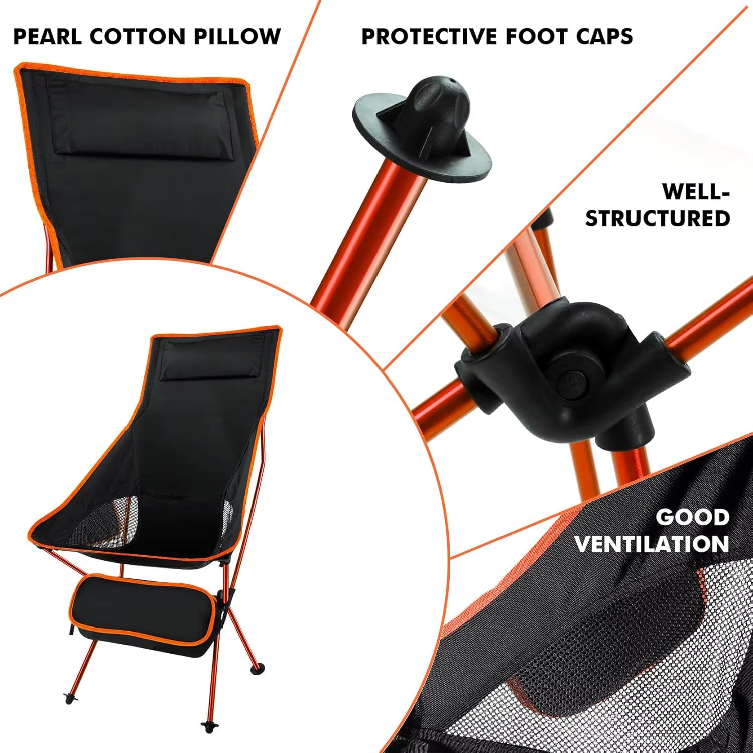 Lightweight High Back Folding Camping Chairs Portable Headrest High Back Carry Bag Camping Fishing Hiking Picnic Outdoor Orange
