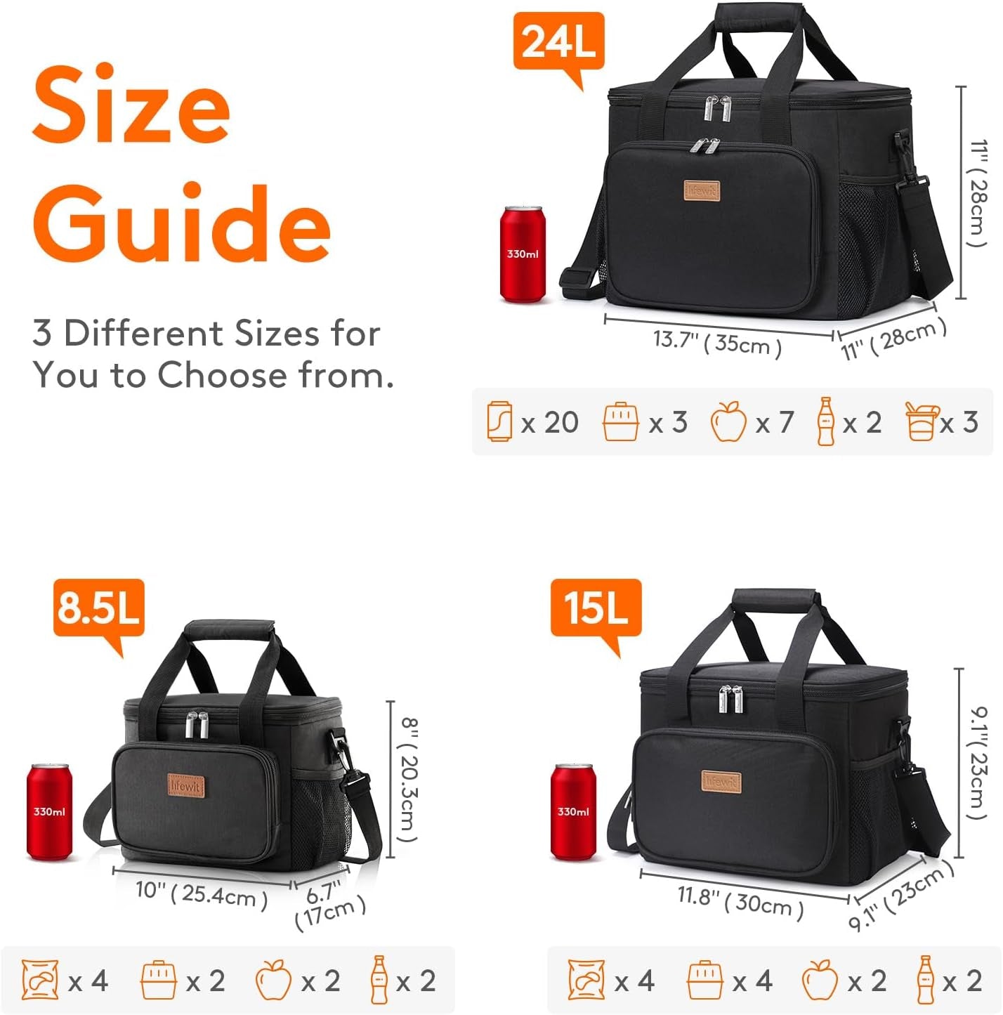 Large Lunch Bag 12-Can (8.5L) Insulated Lunch Box Soft Cooler Cooling Tote for Adult Men Women, Black