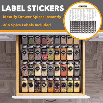 Spice Drawer Organizer with 36 Spice Jars, 386 Spice Labels, 4 Tier Seasoning Rack Tray Insert for Kitchen Drawers, 16.75" Wide X 17.5" Deep