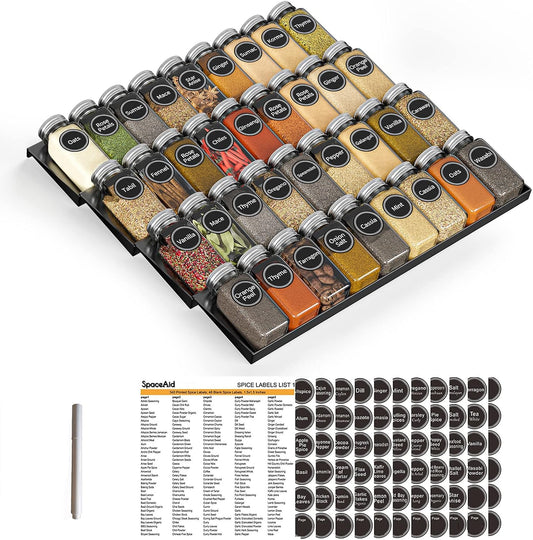 Spice Drawer Organizer with 36 Spice Jars, 386 Spice Labels, 4 Tier Seasoning Rack Tray Insert for Kitchen Drawers, 16.75" Wide X 17.5" Deep