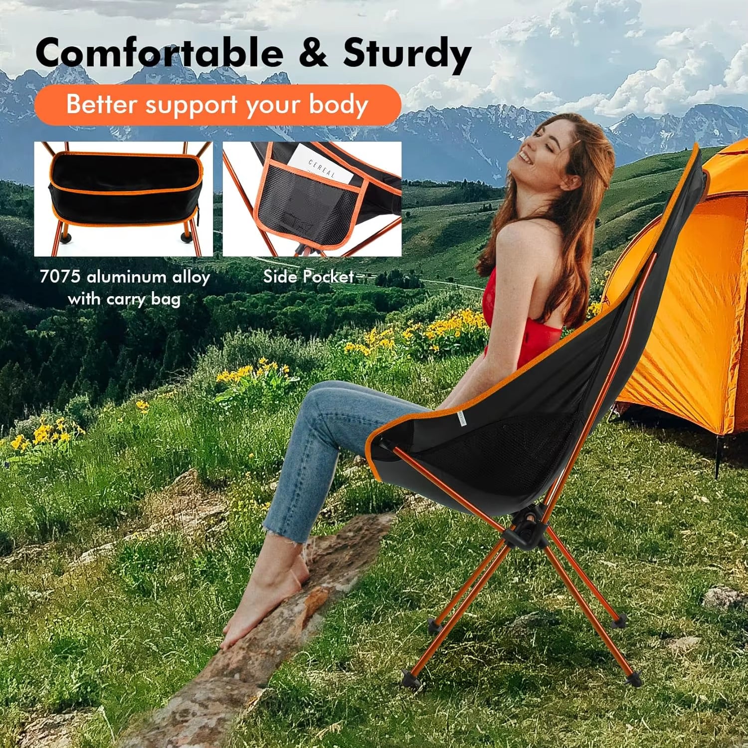 Lightweight High Back Folding Camping Chairs Portable Headrest High Back Carry Bag Camping Fishing Hiking Picnic Outdoor Orange