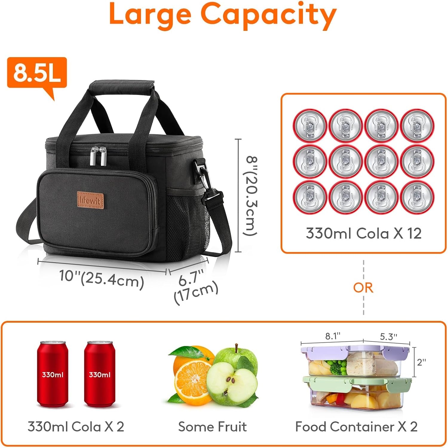 Large Lunch Bag 12-Can (8.5L) Insulated Lunch Box Soft Cooler Cooling Tote for Adult Men Women, Black