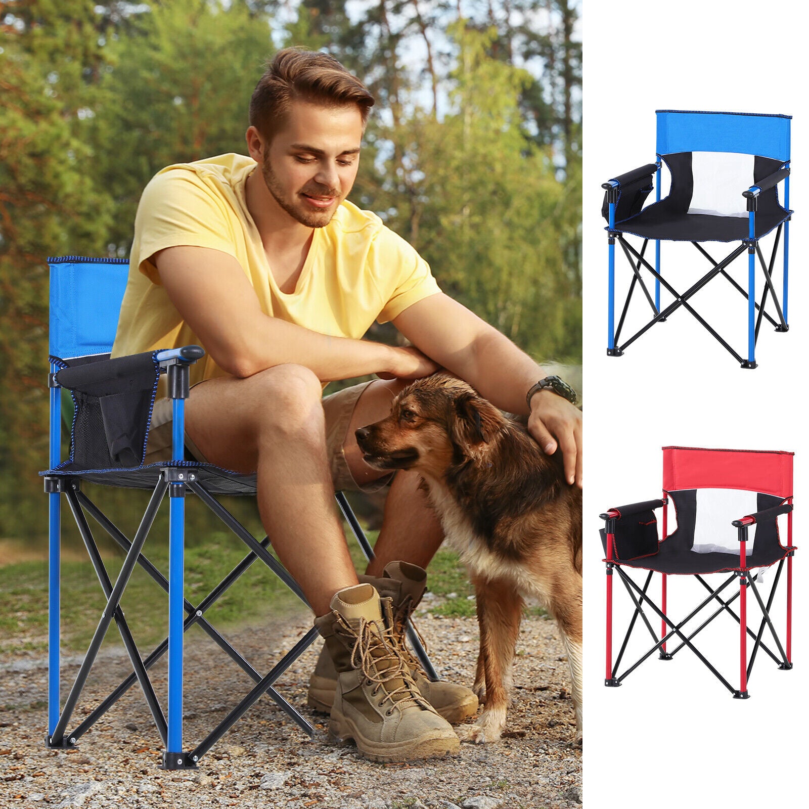 Outdoor Folding Camping Fishing Chair W/ Cup Holder, Phone Pocket, Backrest