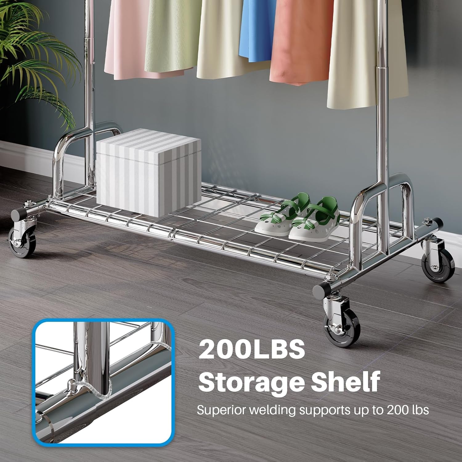 Extendable Heavy-Duty Clothes Rail with Shelf, Industrial Grade Locking Wheels, 200Kg Capacity Professional Folding Coat Rail