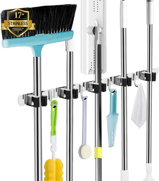 Broom and Mop Holder - Wall Mounted 5 Holders + 4 Hooks with Nails Installation, Stainless Steel, Self Adhesive, Heavy Duty Gripper