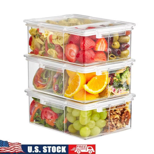 Airtight Bento Box Clear Food Storage Containers Set of 3 with Dividers Microwave Dishwasher Freezer Safe Meal Prep Organizer