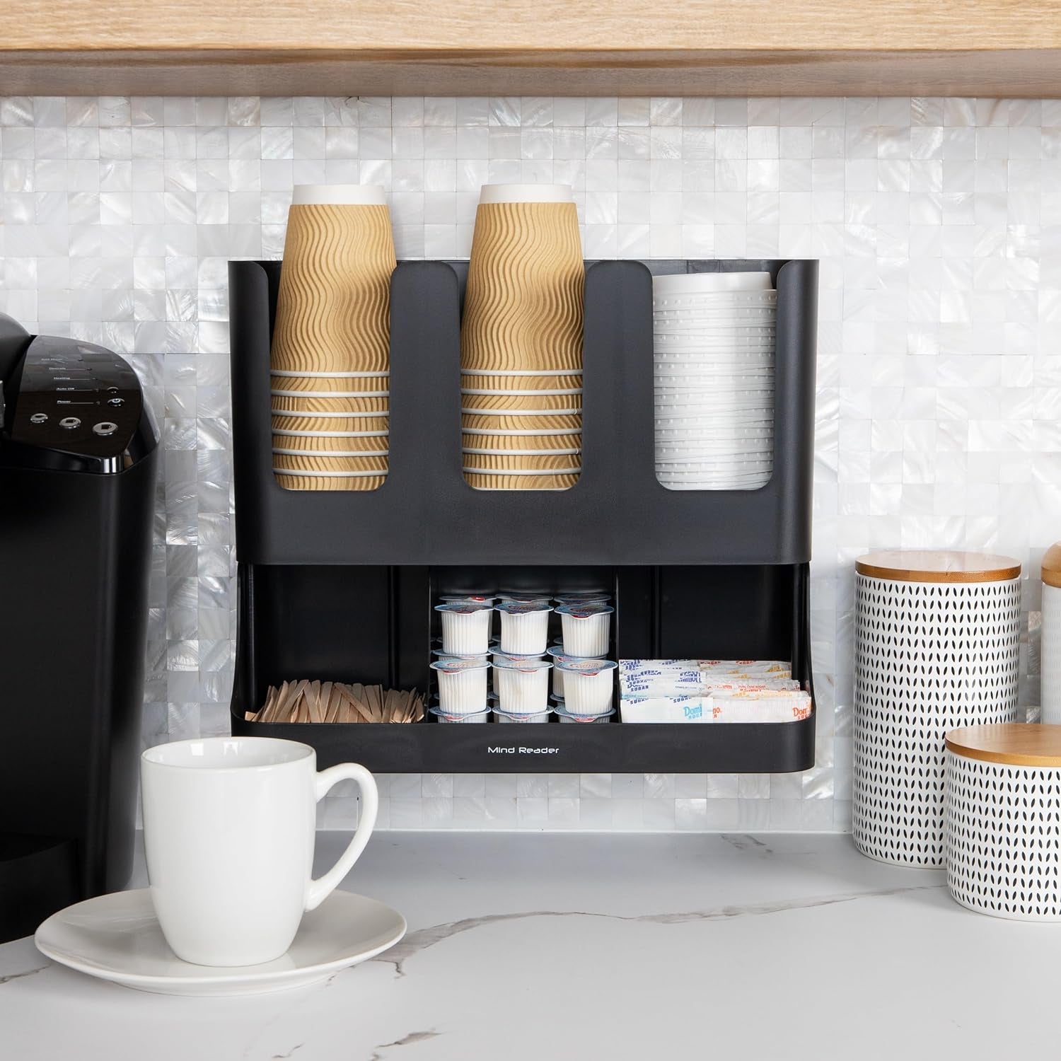 VCCUIOB Mind 6 Compartment Upright Breakroom Coffee Condiment and Cup Storage Organizer, Black