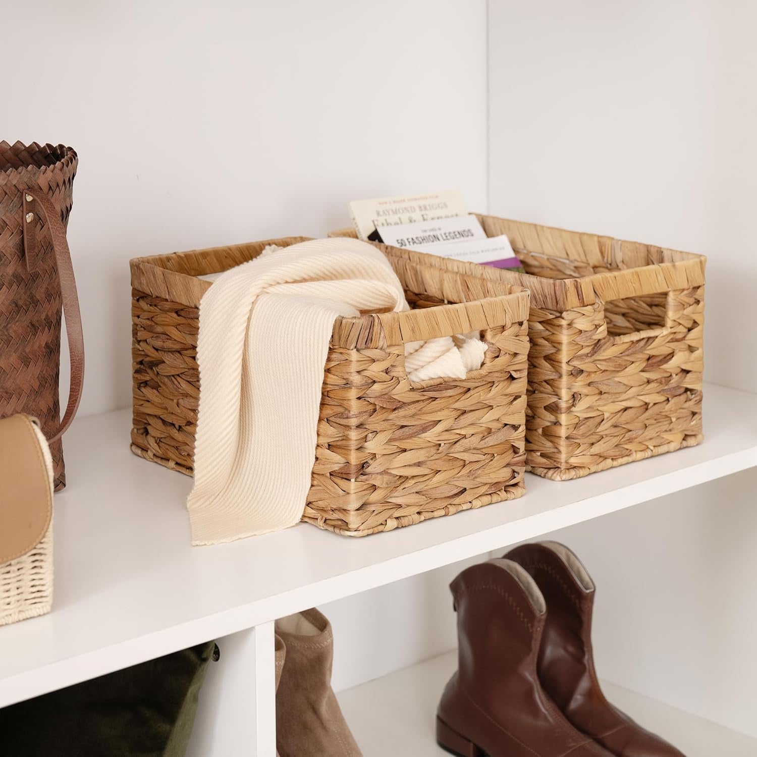 Wicker Storage Baskets for Shelves, Shelf Basket with Handles, Woven Bathroom Organizer, Natural Water Hyacinth, 2-Pack