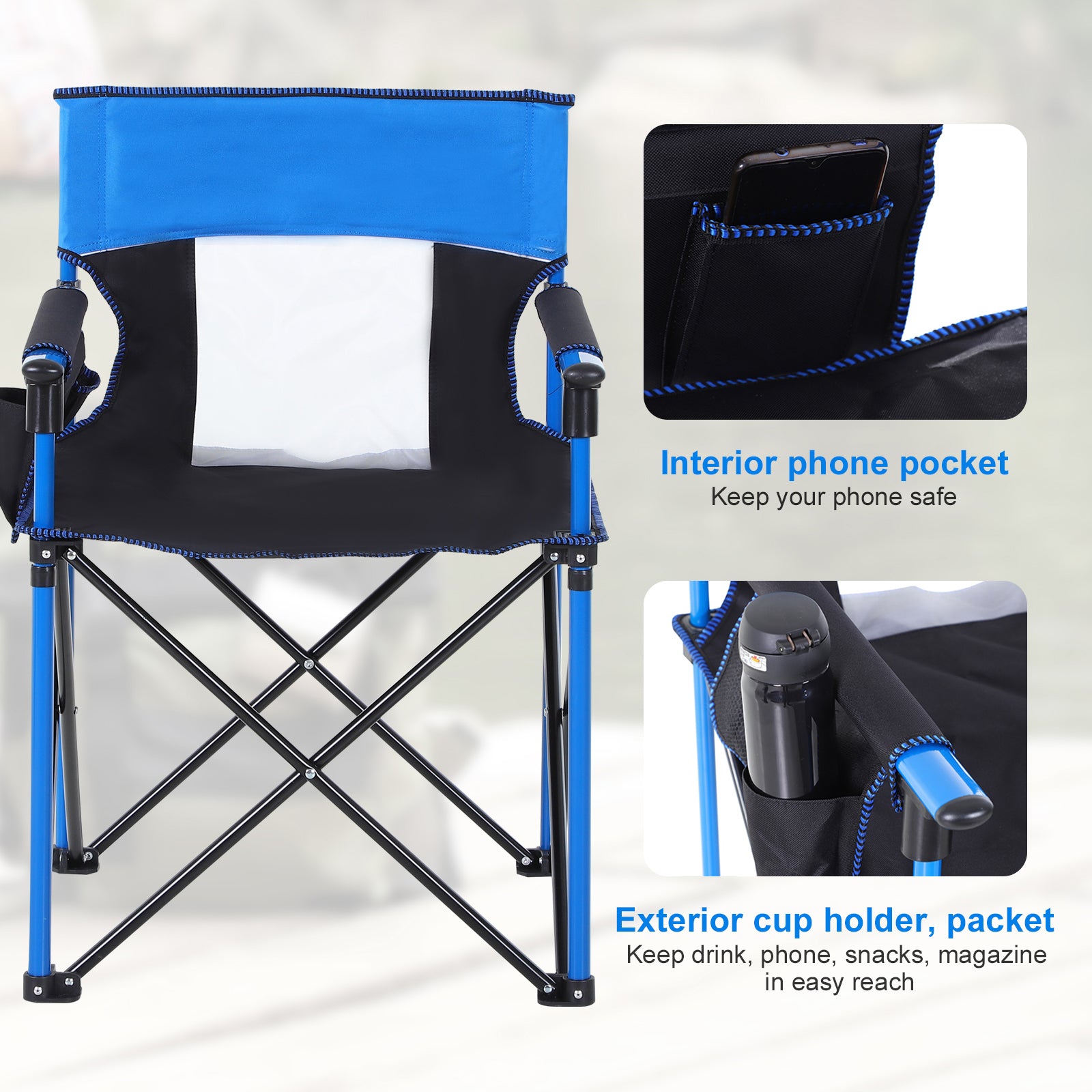 Outdoor Folding Camping Fishing Chair W/ Cup Holder, Phone Pocket, Backrest