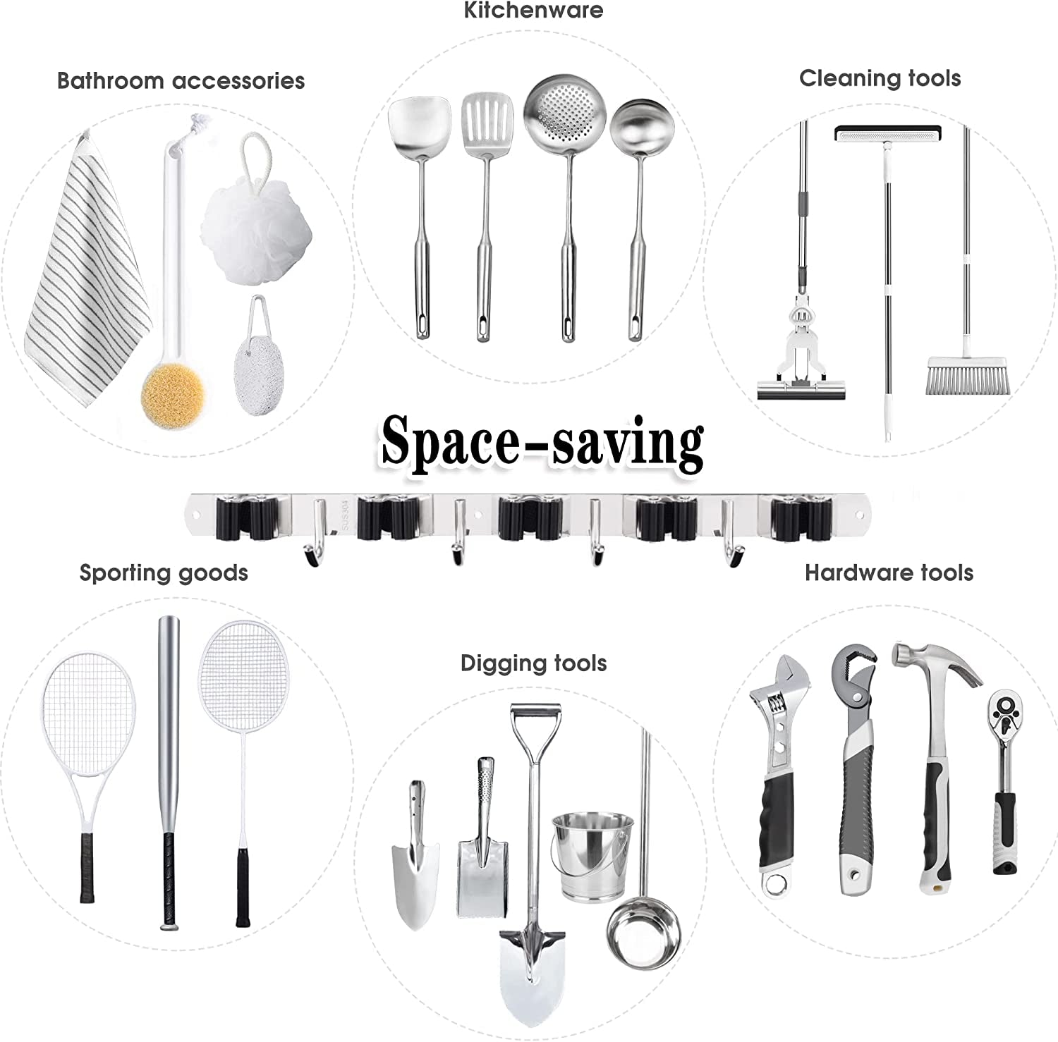 Broom and Mop Holder - Wall Mounted 5 Holders + 4 Hooks with Nails Installation, Stainless Steel, Self Adhesive, Heavy Duty Gripper