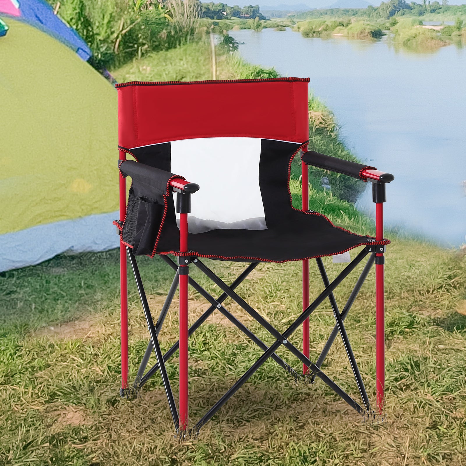 Outdoor Folding Camping Fishing Chair W/ Cup Holder, Phone Pocket, Backrest
