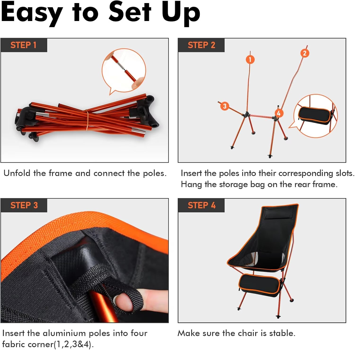 Lightweight High Back Folding Camping Chairs Portable Headrest High Back Carry Bag Camping Fishing Hiking Picnic Outdoor Orange