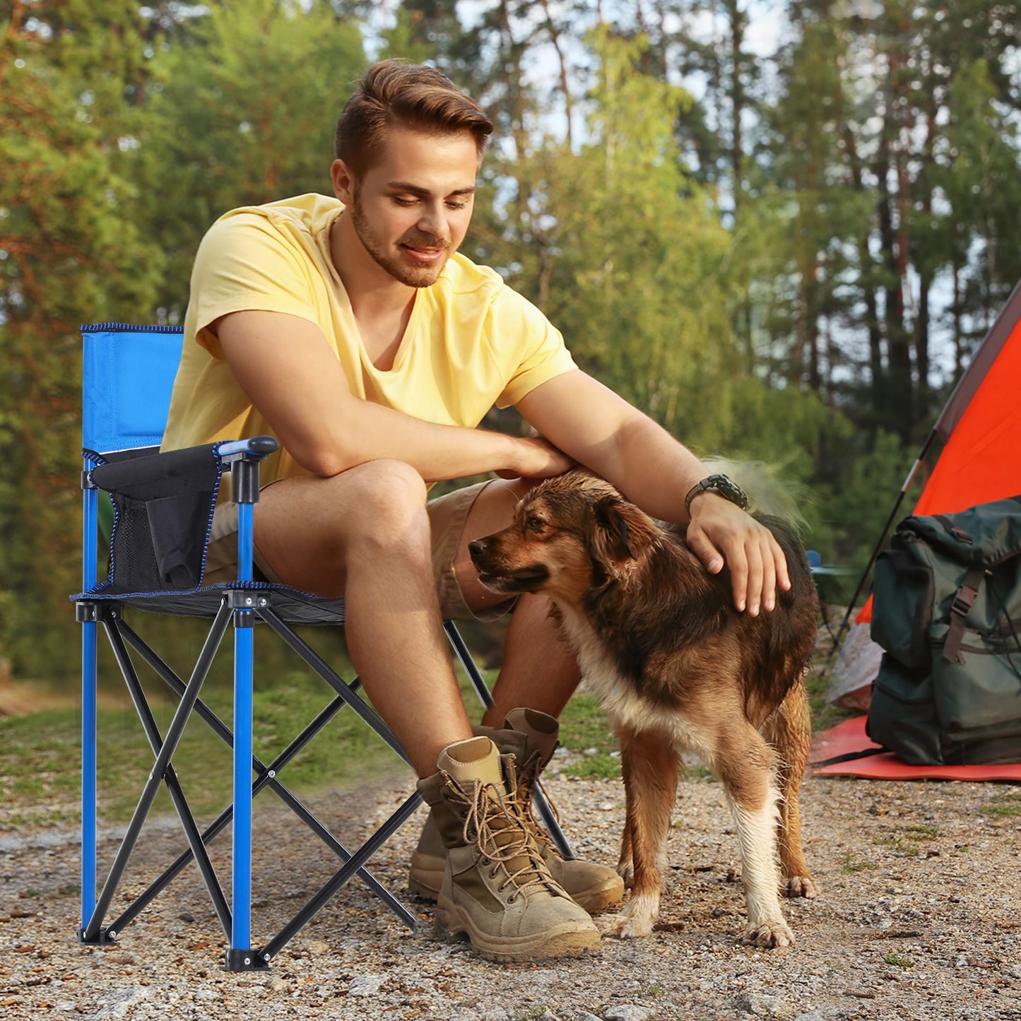 Outdoor Folding Camping Fishing Chair W/ Cup Holder, Phone Pocket, Backrest